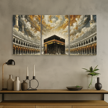 Khana Kaba Wooden Wall Art – 3 Piece Islamic Frame Set Made With Wooden Stickytile, Each Frame 8x11 Inches, Easy To Install With Included Double Tape