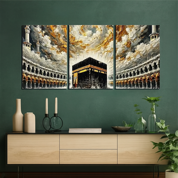 Khana Kaba Wooden Wall Art – 3 Piece Islamic Frame Set Made With Wooden Stickytile, Each Frame 8x11 Inches, Easy To Install With Included Double Tape