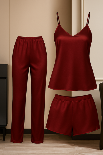 3-Piece Satin Sleepwear Set for Women | Camisole with Pajama & Shorts Combo | Free Size 28–38 | Available in Maroon, Black & Blue (DC-3005) - Black