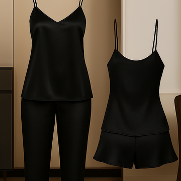 3-Piece Satin Sleepwear Set for Women | Camisole with Pajama & Shorts Combo | Free Size 28–38 | Available in Maroon, Black & Blue (DC-3005) - Black